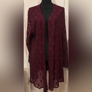 Burgundy / Dark Red Floral Mesh Net Women’s Long Cardigan - Size XL - XXL